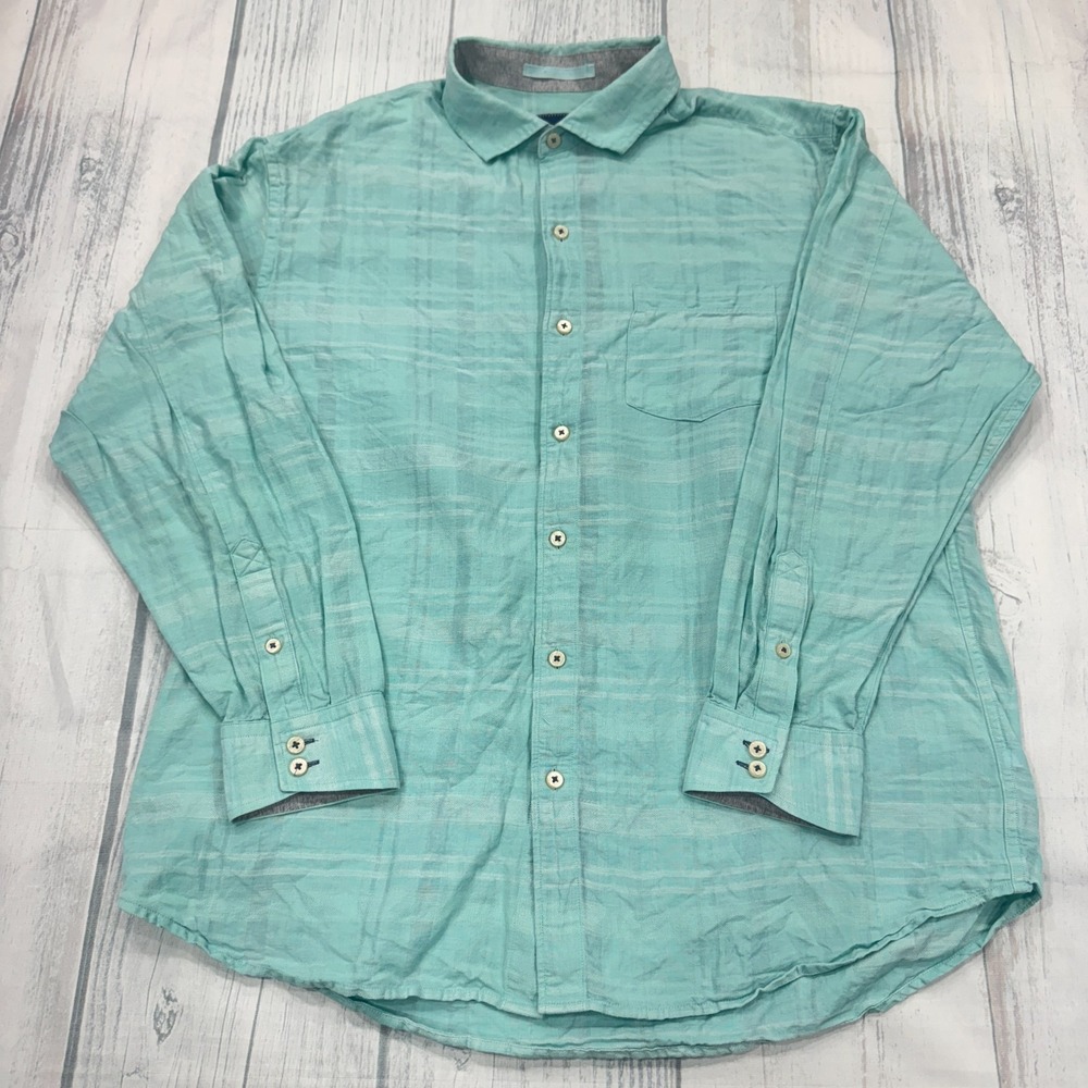 Tommy Bahama Button Shirt L Linen Blend Long Sleeve Green Beach Casual‎ Mens